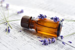 Close-up of bottle of lavender essential oil
