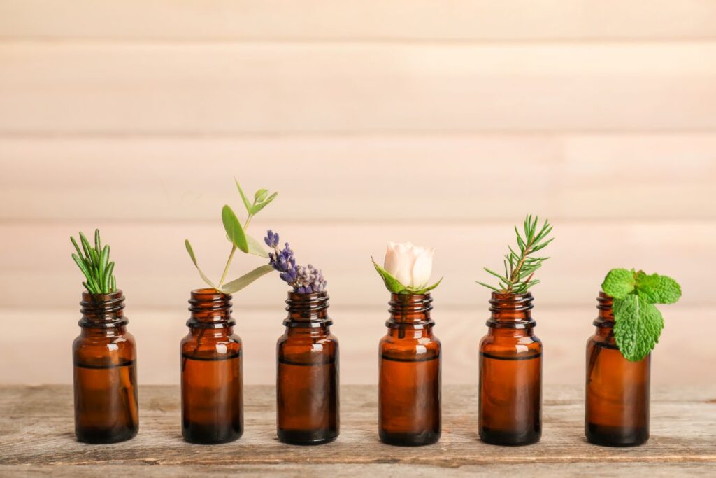 Essential oils in bottles.