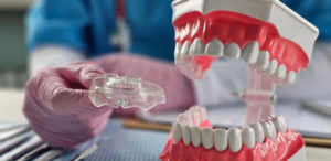 Dentist holding an oral appliance next to a dental model